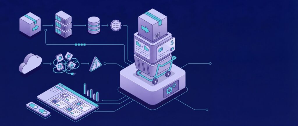 Isometric illustration of a digital e-commerce process, featuring servers, cloud storage, a shopping cart, and data flow connections.