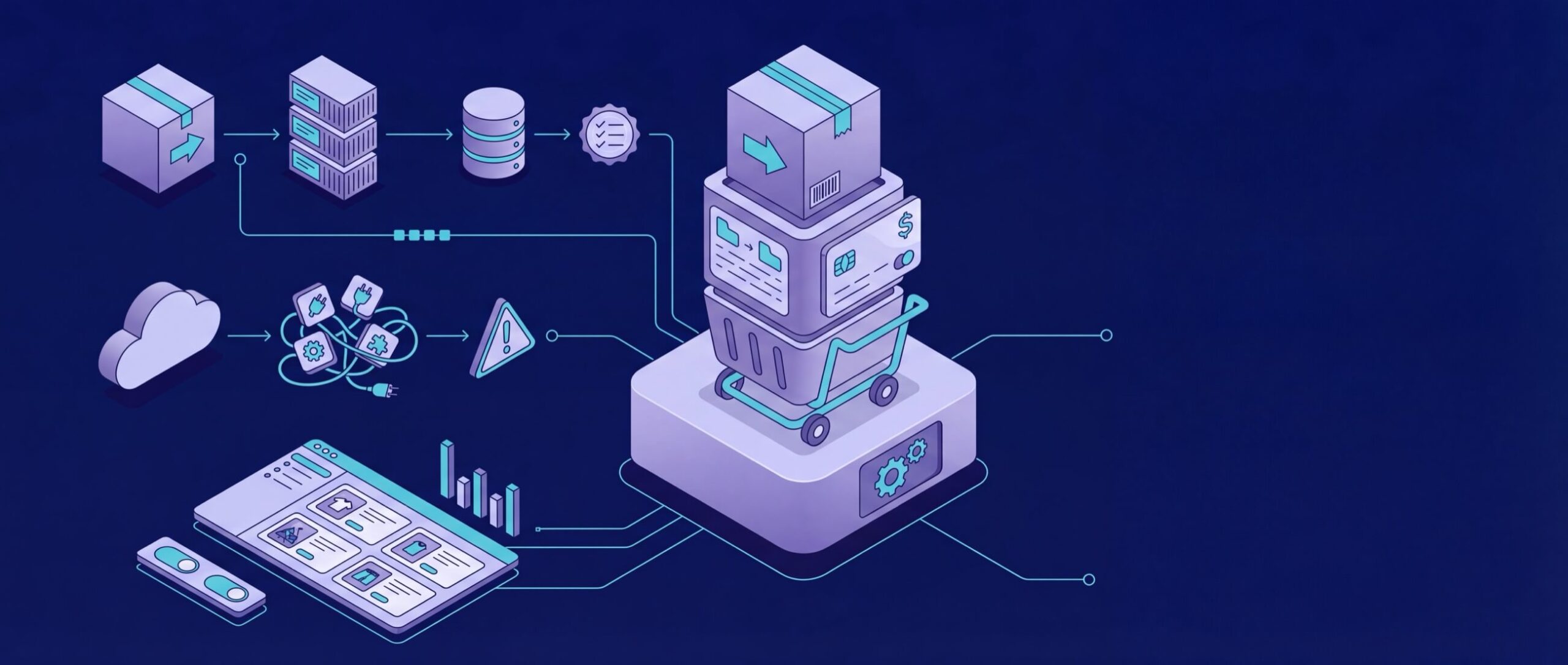 Isometric illustration of a digital e-commerce process, featuring servers, cloud storage, a shopping cart, and data flow connections.