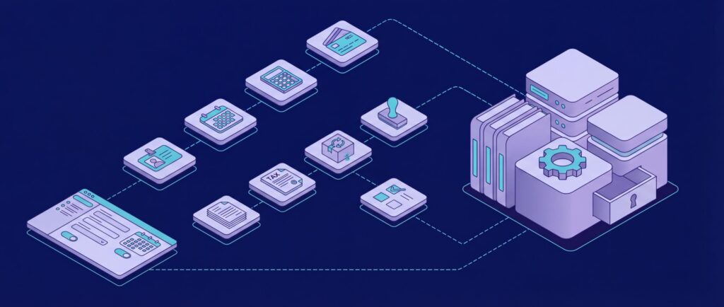 Diagram illustrating a digital workflow with interconnected icons representing documents, tax, stamps, and data storage on a dark background.