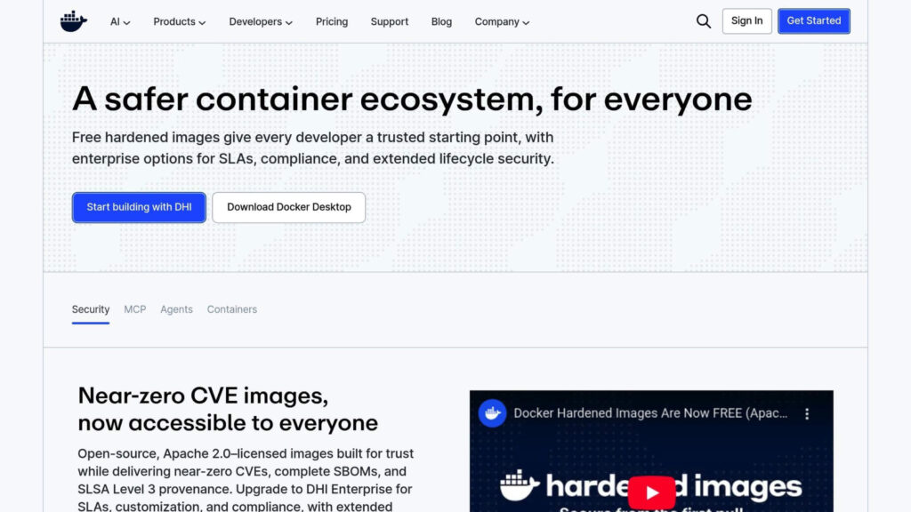 Homepage of Docker featuring "A safer container ecosystem, for everyone" with buttons for "Start building with DHI" and "Download Docker Desktop."
