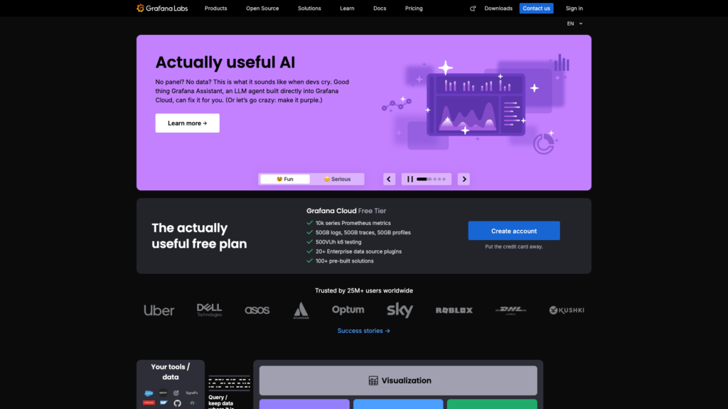 Grafana Labs homepage featuring "Actually useful AI" with a purple graphic, text about Grafana Assistant, and a "Learn more" button.