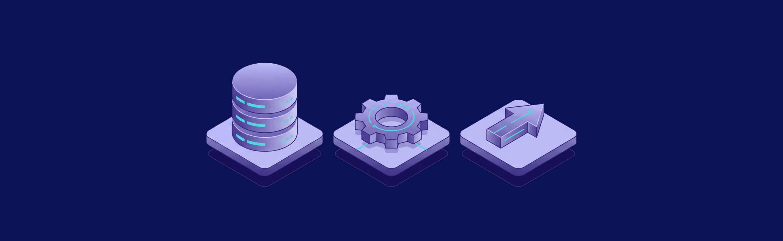Three isometric icons: a database cylinder, a gear, and an upward arrow on square platforms against a dark background.