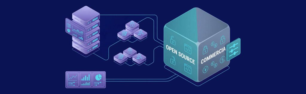 Illustration of data servers connected to a cube labeled "OPEN SOURCE" and "COMMERCIAL," with graphs and icons on a dark background.