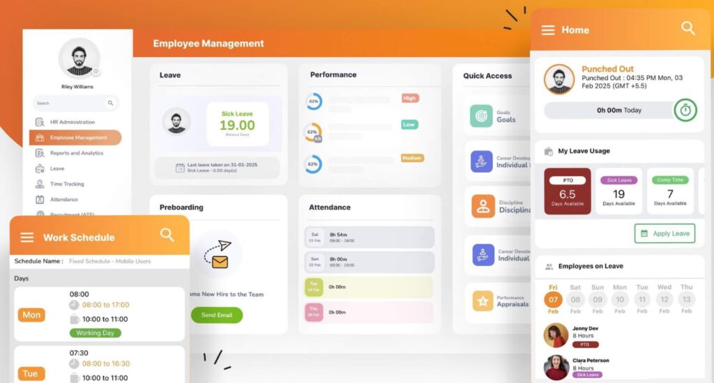 Employee management dashboard displaying leave, performance, attendance, and work schedule details. Includes user profile and quick access options.