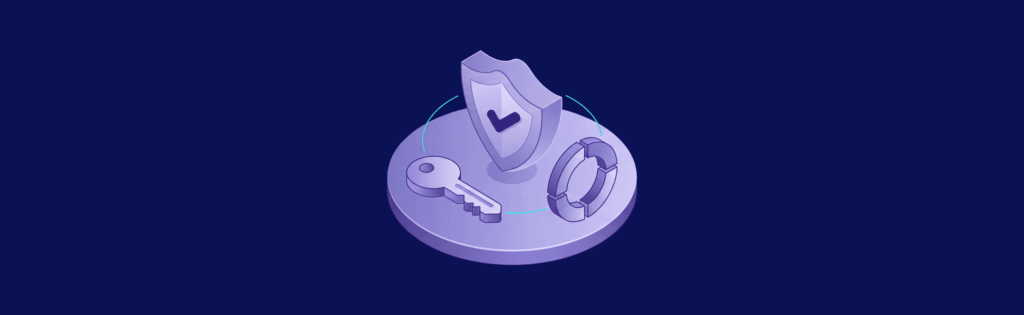 A purple shield, key, and bracelet on a circular platform against a dark blue background, symbolizing security and protection.
