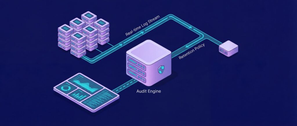 Diagram illustrating data flow from servers to an audit engine, labeled "Real-time Log Stream" and "Retention Policy."
