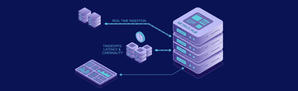Diagram illustrating data flow from servers to a "Metrics Hub," highlighting "Real Time Ingestion" and "Tradeoffs: Latency & Cardinality."