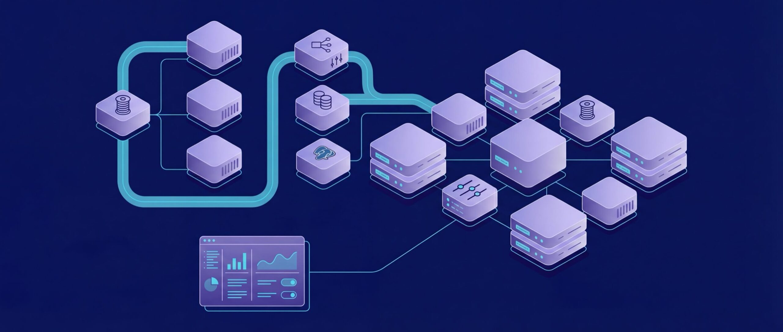 Diagram of interconnected servers and data nodes with flow lines, illustrating a network or data processing system on a blue background.
