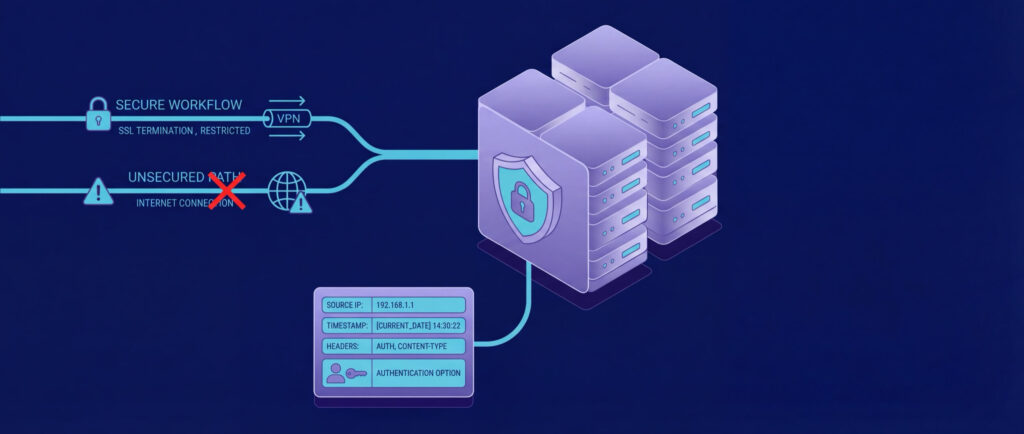 Diagram illustrating secure workflow with VPN and SSL termination, contrasted with unsecured internet connection, leading to a server.