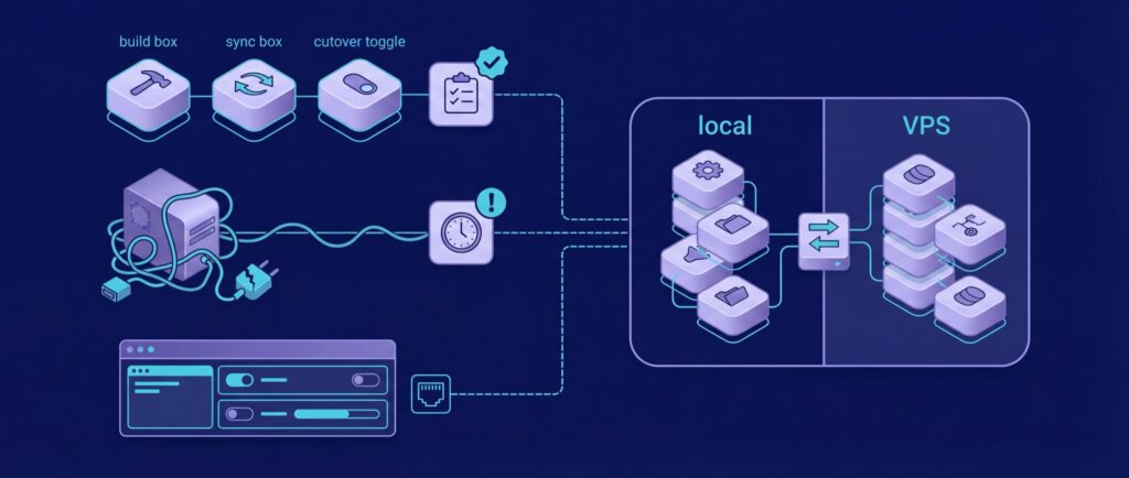 Diagram illustrating a server setup with build box, sync box, cutover toggle, local and VPS sections, and network connections.