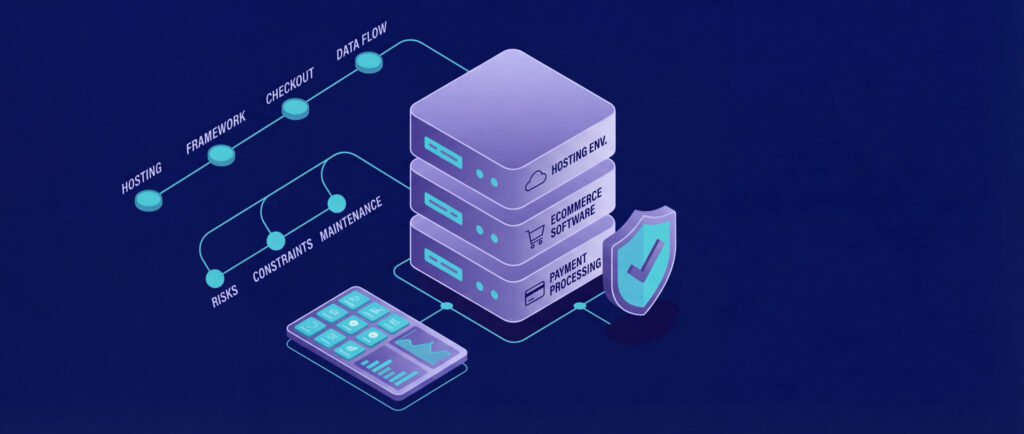 Diagram of a server stack labeled "Hosting Env.," "Ecommerce Software," "Payment Processing," with connected nodes: Hosting, Framework, Checkout, Data Flow.