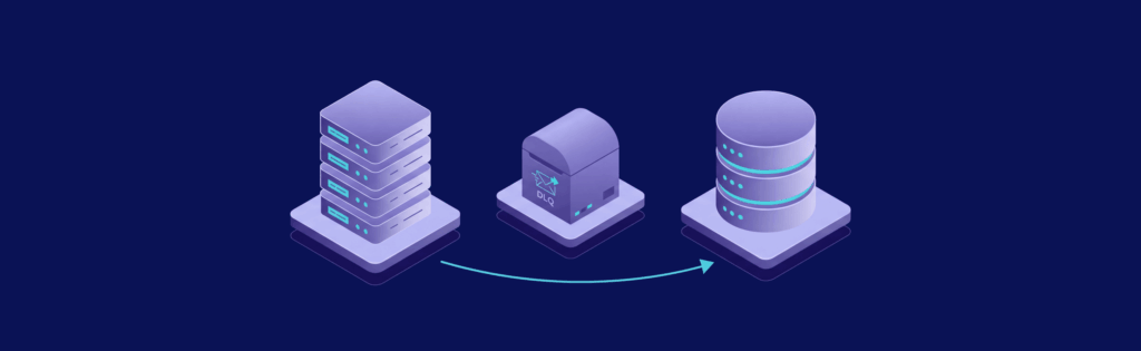 Isometric illustration of a server stack, a central processing unit labeled "DLQ," and a database, connected by an arrow.