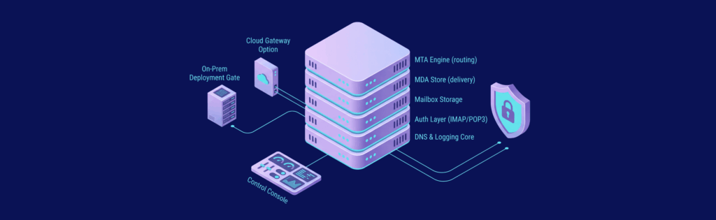 Diagram of a server system with components: On-Prem Deployment Gate, Cloud Gateway Option, Control Console, MTA Engine, MDA Store, Mailbox Storage, Auth Layer, DNS & Logging Core.