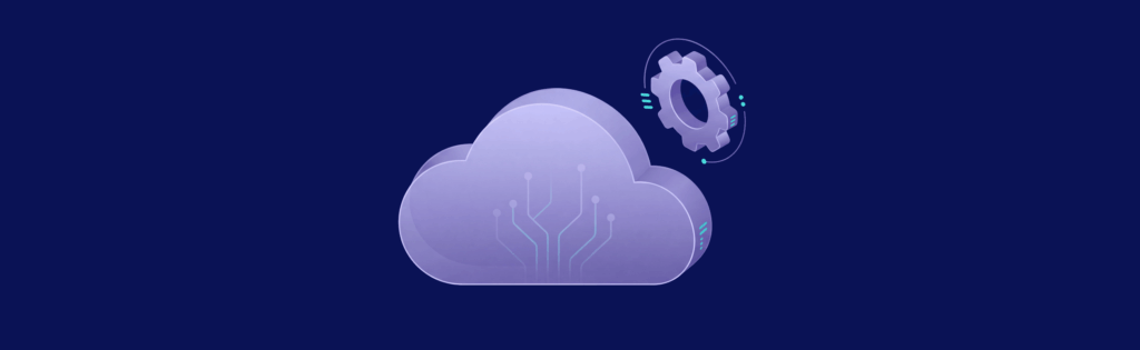 Purple cloud icon with circuit lines, accompanied by a floating gear symbol, on a dark blue background.