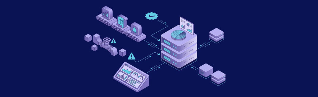 Isometric illustration of a data processing system with servers, conveyor belts, charts, and icons on a dark blue background.