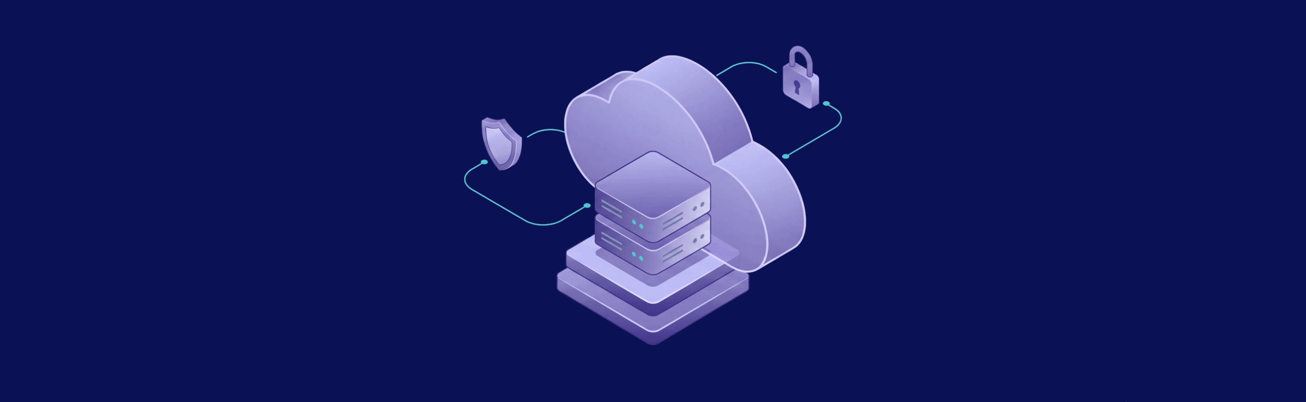 Illustration of cloud computing with servers, a shield, and a padlock connected by lines, symbolizing data security.