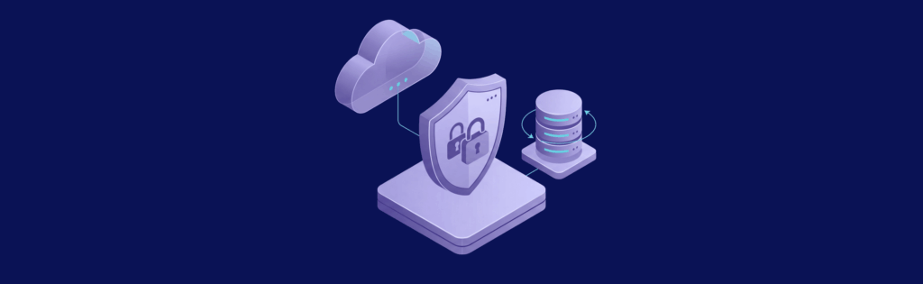Illustration of a cloud, shield with a lock, and a database server on a dark blue background, representing cybersecurity.
