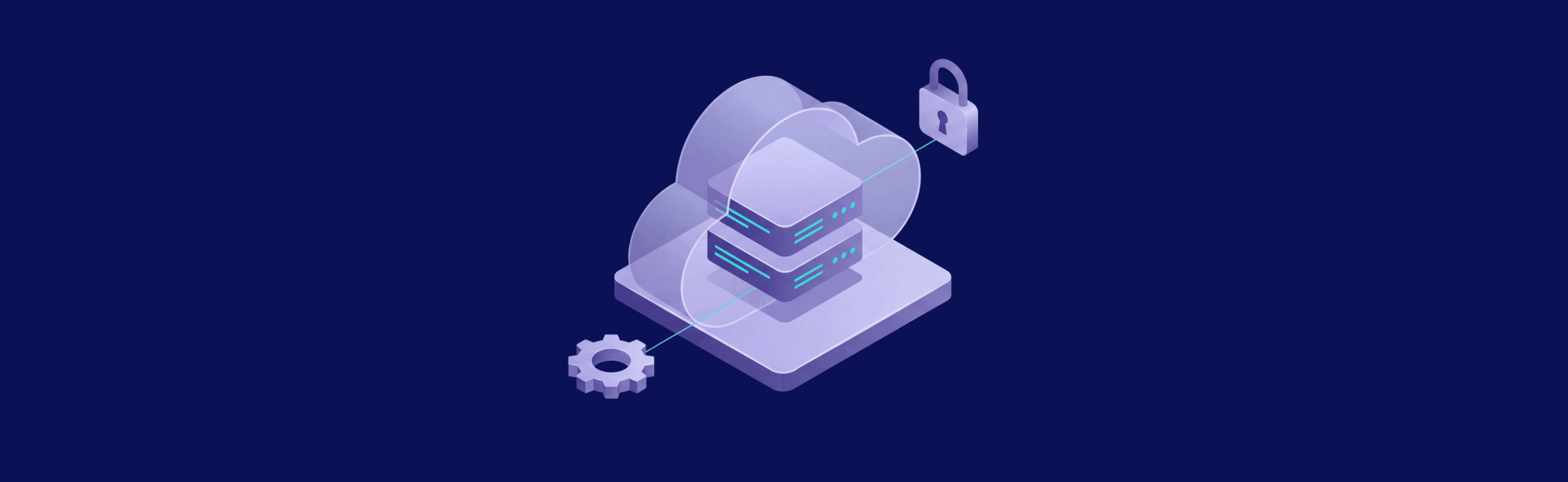 Isometric illustration of a cloud server with a lock and gear symbol, representing secure cloud computing technology.