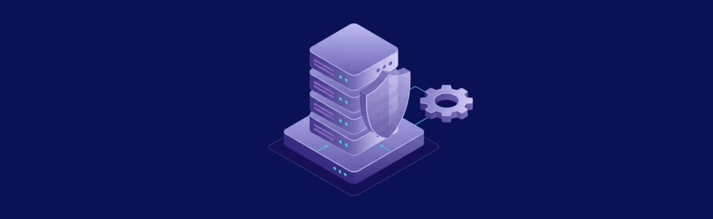 Stack of servers with a shield and gear icon, representing cybersecurity and system management, on a dark blue background.