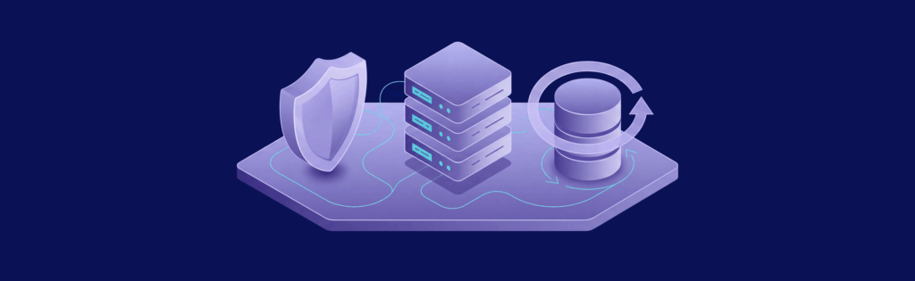 Illustration of a shield, server stacks, and a database with arrows, symbolizing data protection and backup processes.