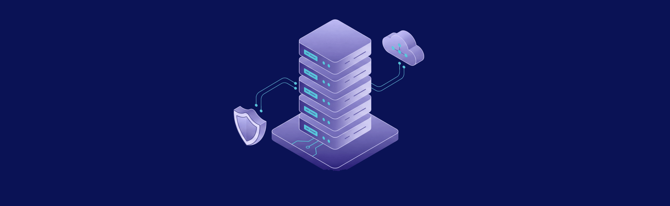 Stack of servers connected to a cloud and shield icon, representing data security and cloud computing on a dark background.