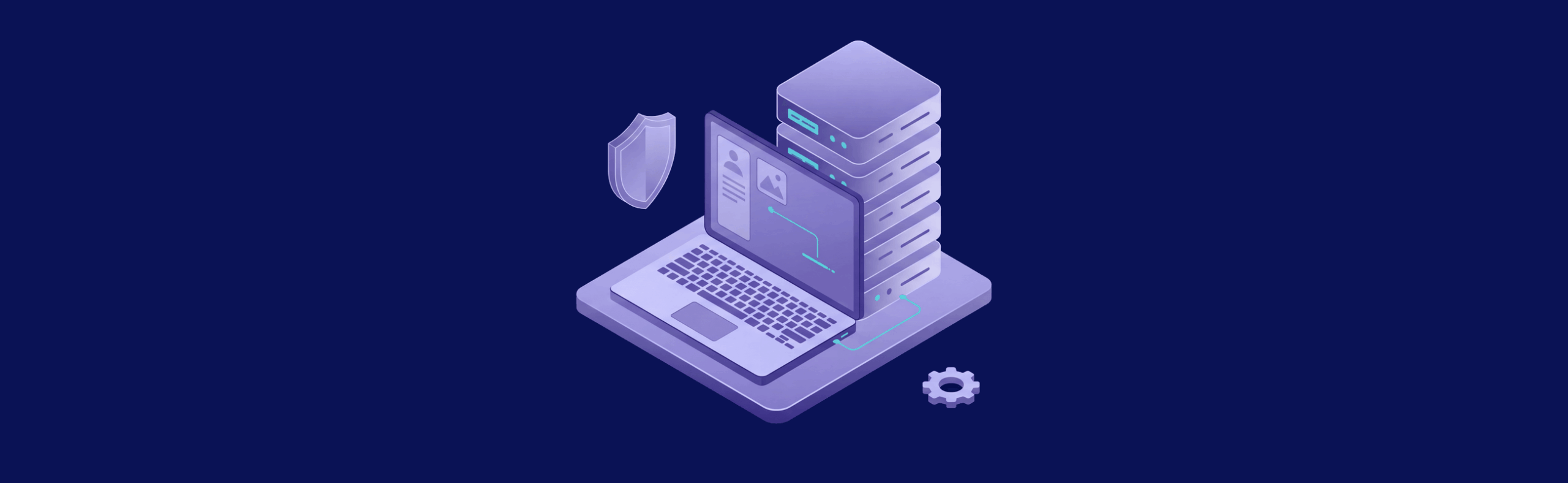 Laptop connected to a server stack with a shield icon, representing cybersecurity and data protection on a dark background.