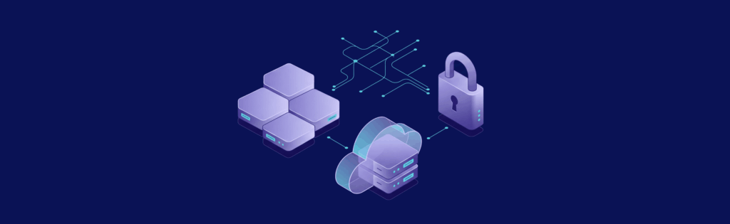 Isometric illustration of a network with servers, a lock symbolizing security, and interconnected nodes on a dark background.