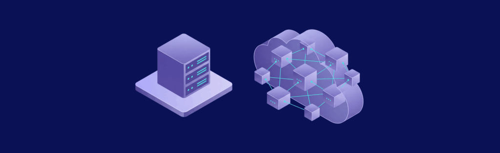 Two stacks of servers on a platform, depicted in a purple and blue color scheme against a dark blue background.