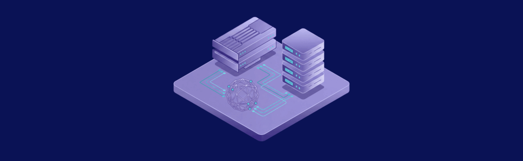 Isometric illustration of server stacks and a network globe on a digital platform, symbolizing data connectivity and technology.