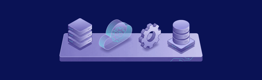 Illustration of server stacks, a holographic shield, a gear, and database icons on a platform against a dark background.