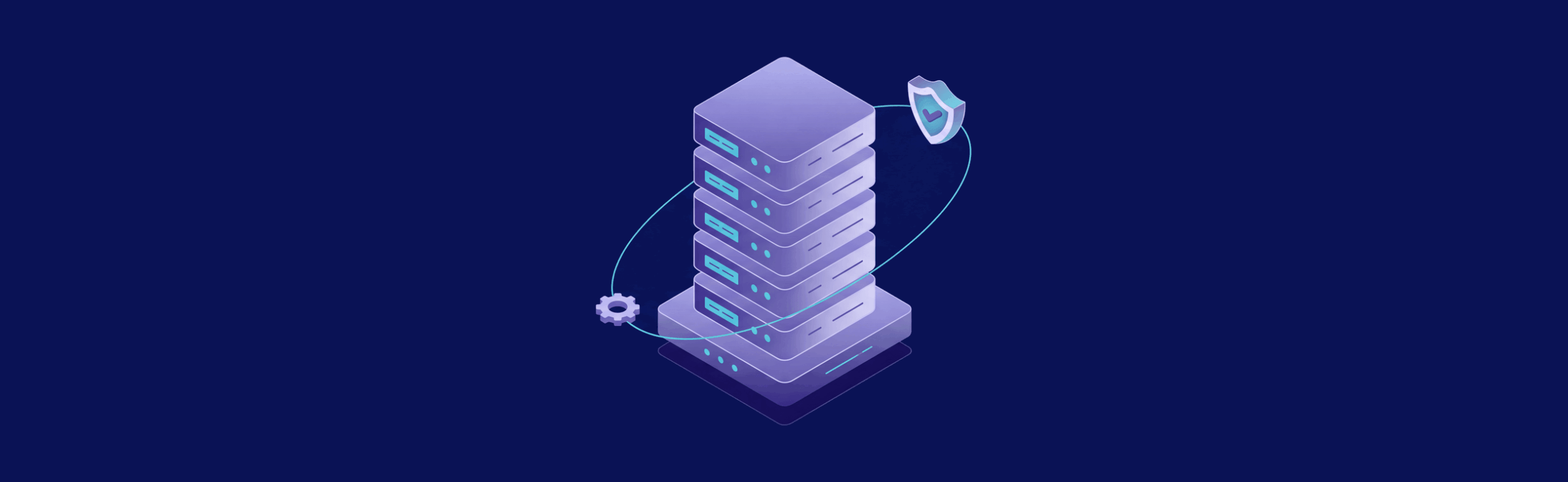 Stack of servers with a gear icon and shield symbol, representing technology and security, on a dark blue background.