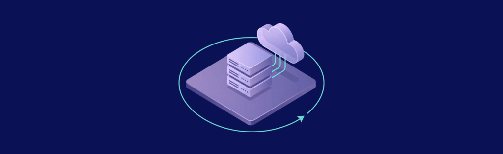 Isometric illustration of servers connected to a cloud, with arrows indicating data transfer, on a dark blue background.