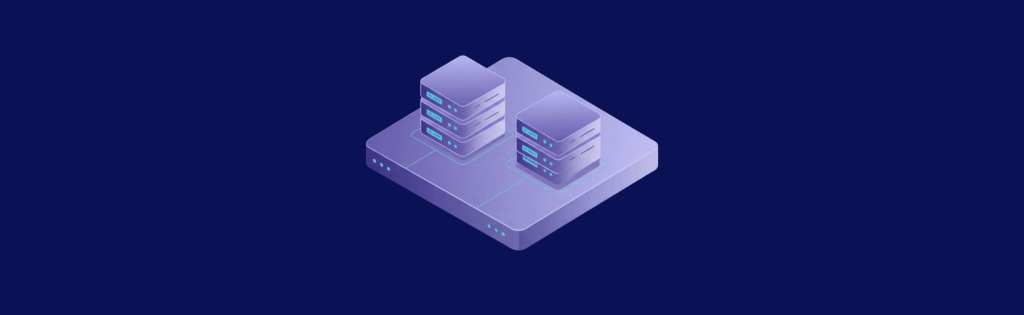 Two stacks of servers on a platform, depicted in a purple and blue color scheme against a dark blue background.
