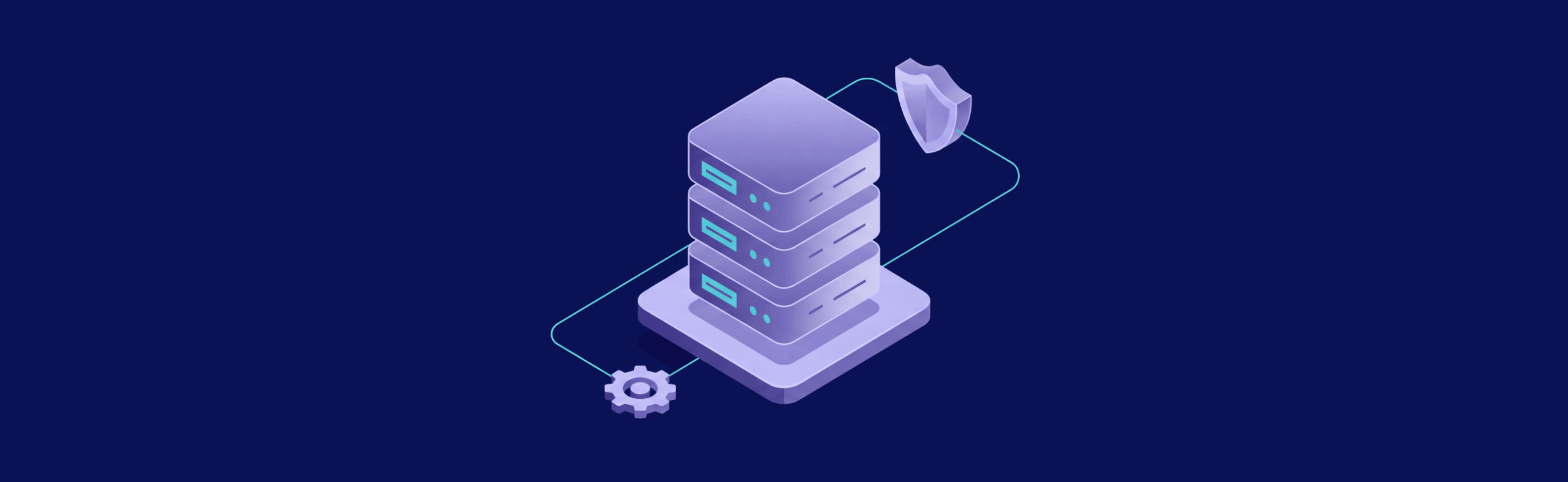 Stack of servers connected to a gear and shield, symbolizing data security and technology infrastructure on a dark background.