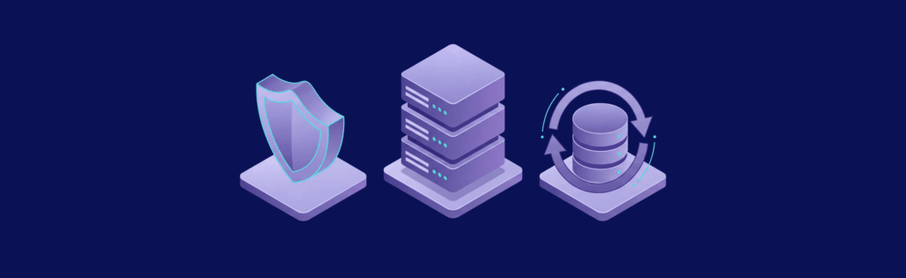 Shield, server stacks, and data storage icons on a dark blue background, representing security, data management, and backup.
