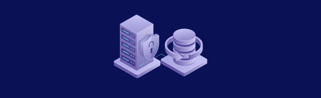 Isometric illustration of a server connected to a database with a lock symbol, representing secure data storage.