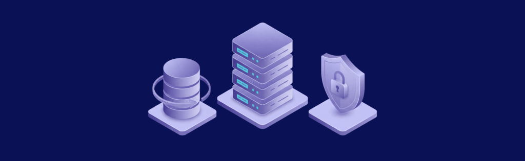 Illustration of a database, server stack, and shield with a lock, symbolizing data storage and security on a dark background.