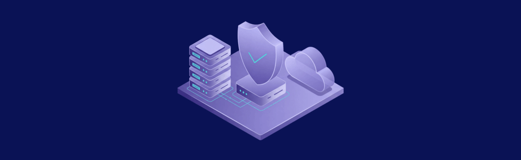 Isometric illustration of a server, shield, and cloud symbolizing data security and cloud computing on a dark blue background.