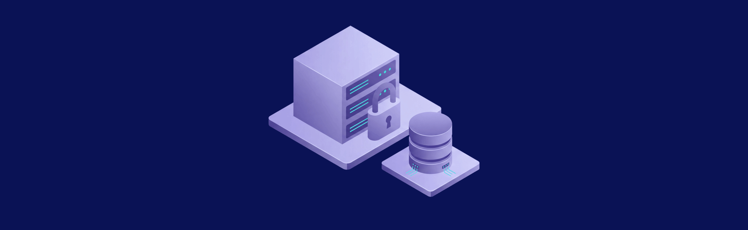 Isometric illustration of a server and database on a dark blue background, symbolizing data storage and security.