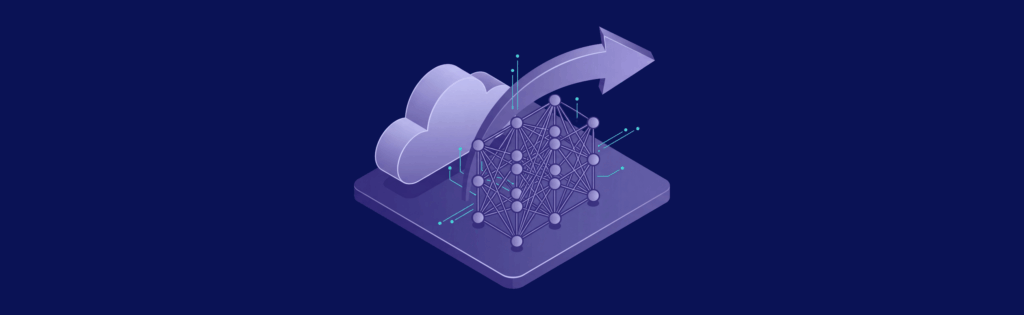 Cloud computing concept with a network diagram and upward arrow, symbolizing data growth and connectivity on a dark background.