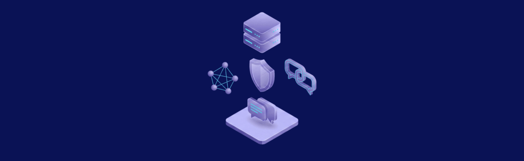 Isometric illustration of a server, shield, network nodes, and chain link on a dark blue background, representing cybersecurity concepts.