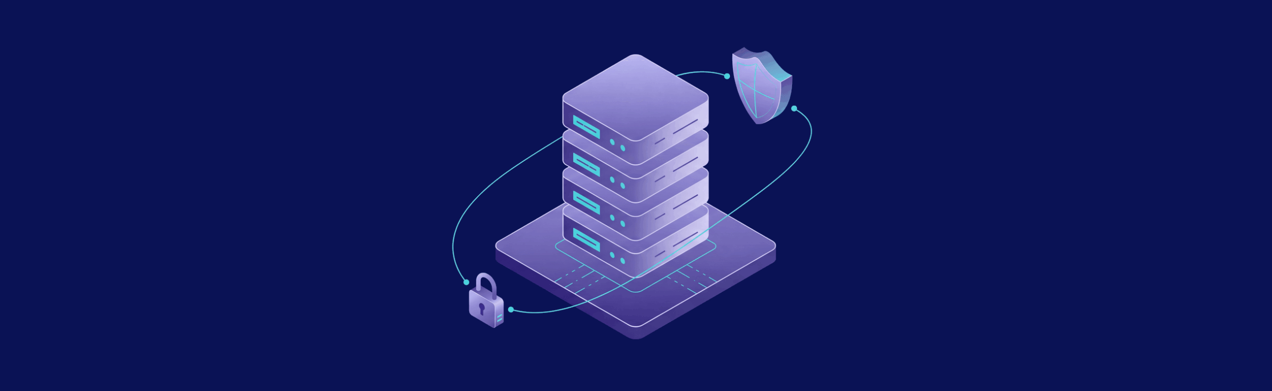 Stack of servers with digital connections to a padlock and shield, symbolizing data security on a dark blue background.