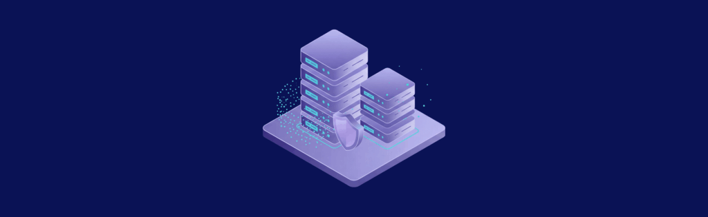 Isometric illustration of two server stacks on a platform, surrounded by digital data symbols, against a dark blue background.