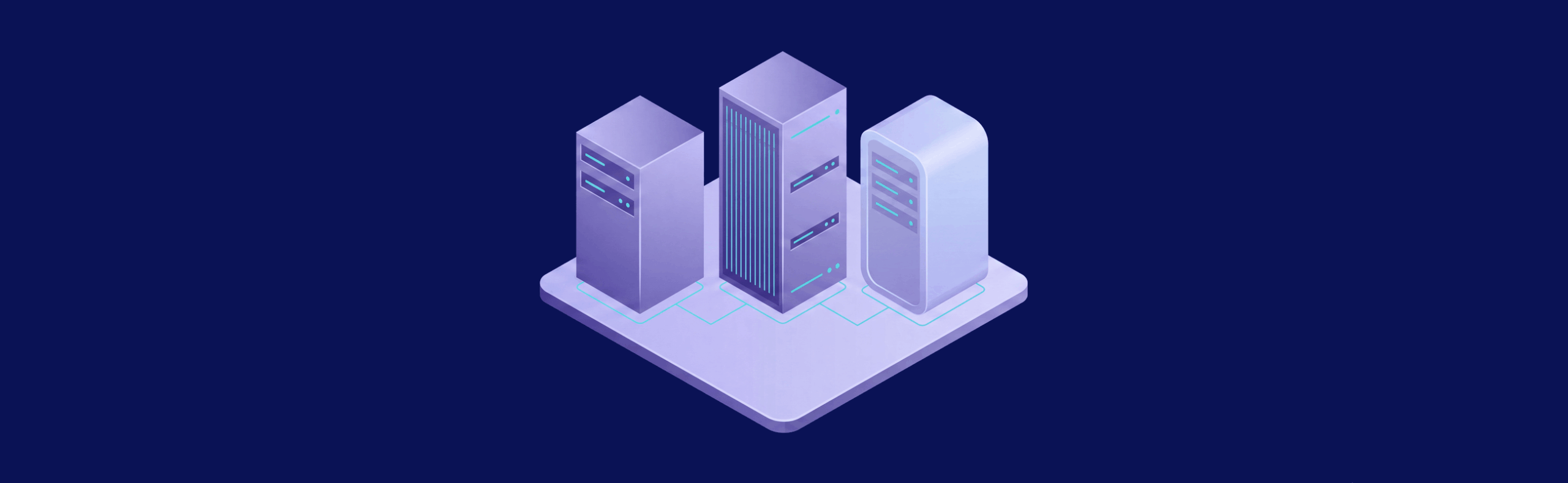 Three stylized server towers on a platform, set against a dark blue background, illustrating data storage or computing.