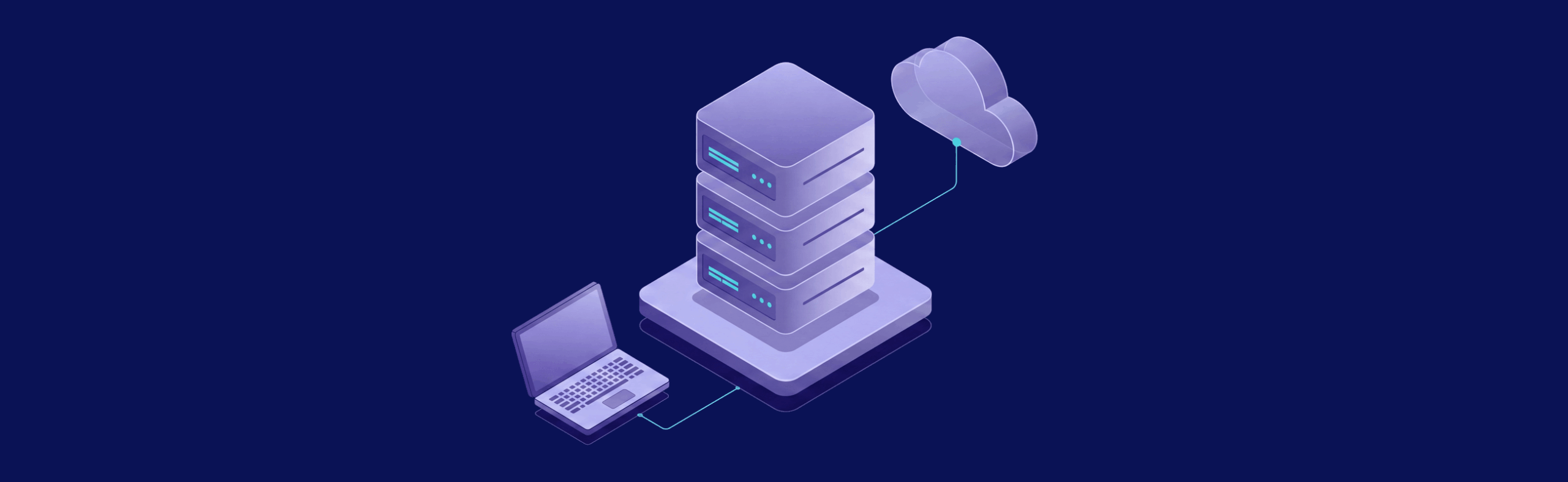 Laptop connected to a server stack and cloud, illustrating data storage and cloud computing on a dark blue background.