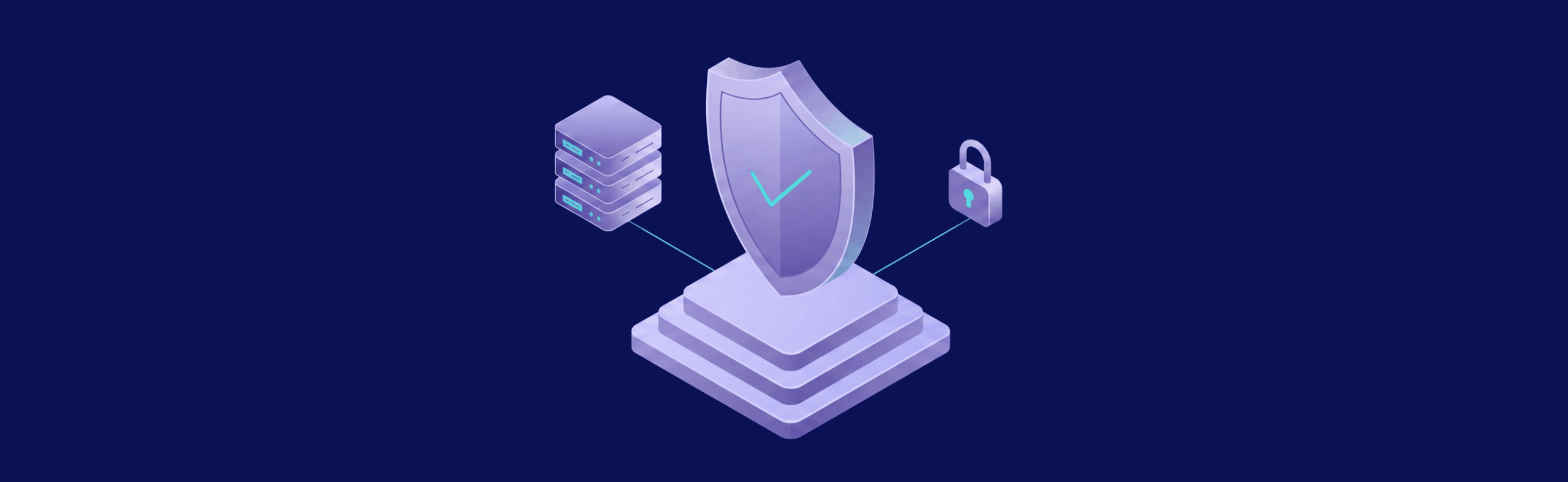 A digital shield on a pedestal connects to a server stack and a padlock, symbolizing cybersecurity and data protection.