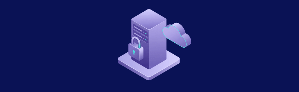 A purple server tower with a padlock and a cloud icon, symbolizing secure cloud computing, on a dark background.