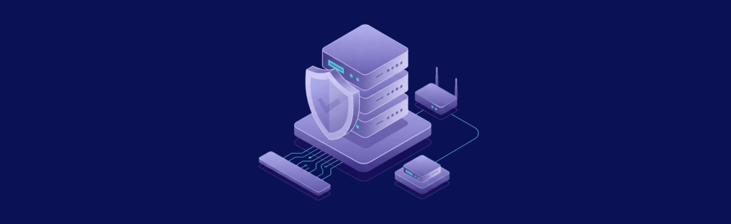 Illustration of a secure server stack with a shield icon, connected to routers, on a dark blue background.