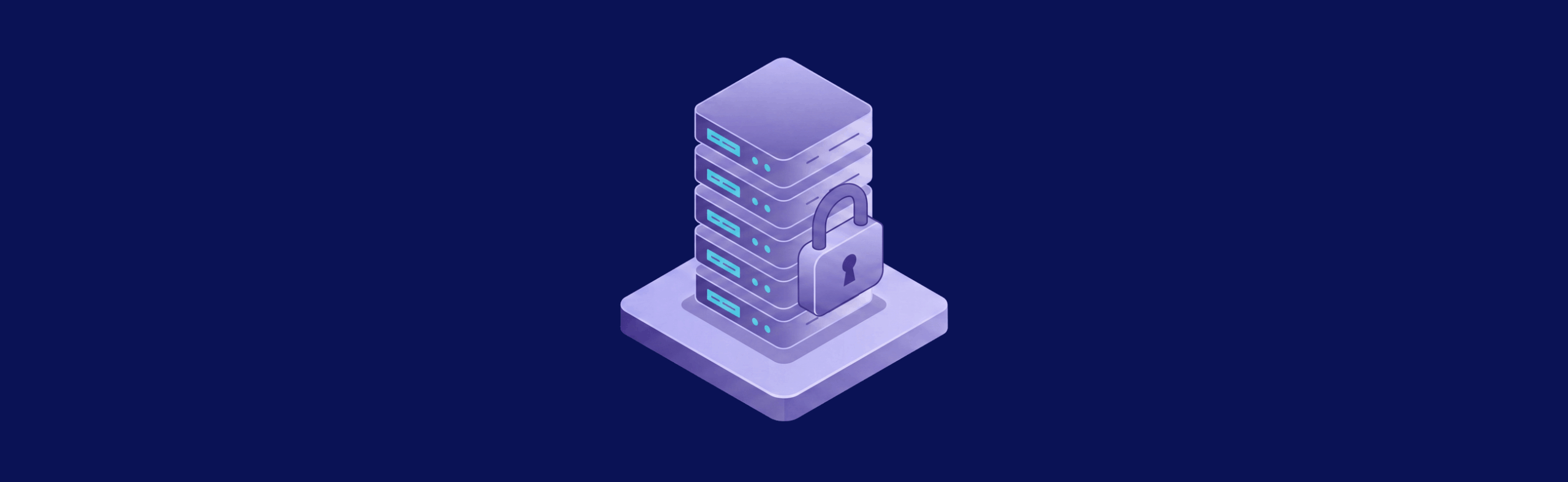 Isometric illustration of a secure server stack with a padlock symbol, set against a dark blue background.