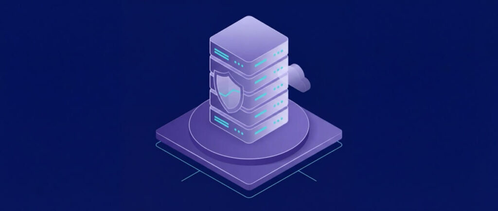 A stylized 3D server stack with glowing blue accents and a shield emblem, set on a dark blue background.
